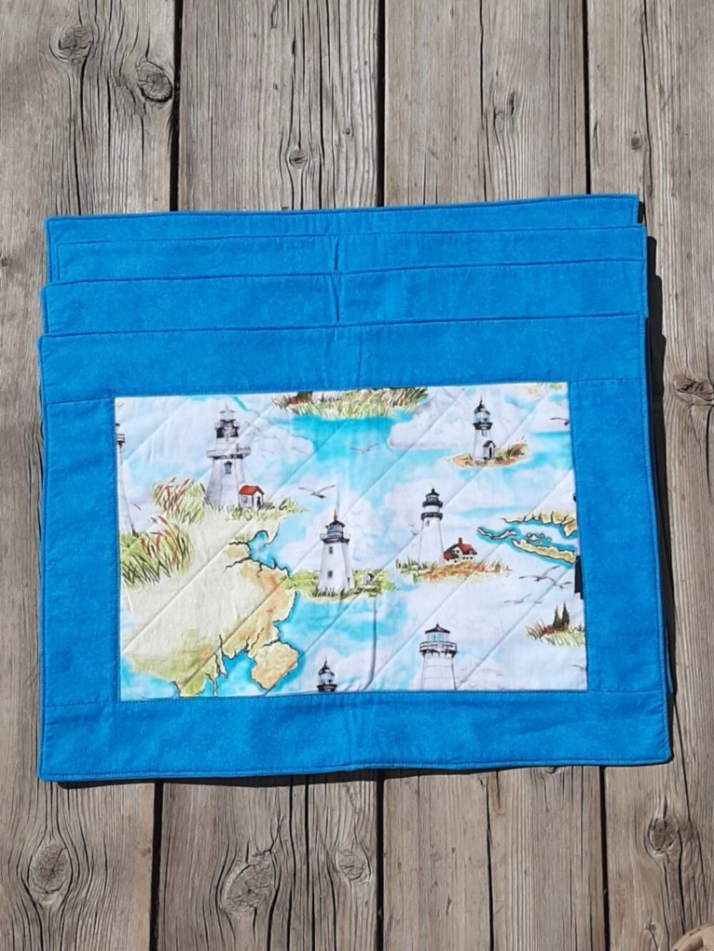 Handmade Quilted Placemats Set (4) Lighthouses Blue